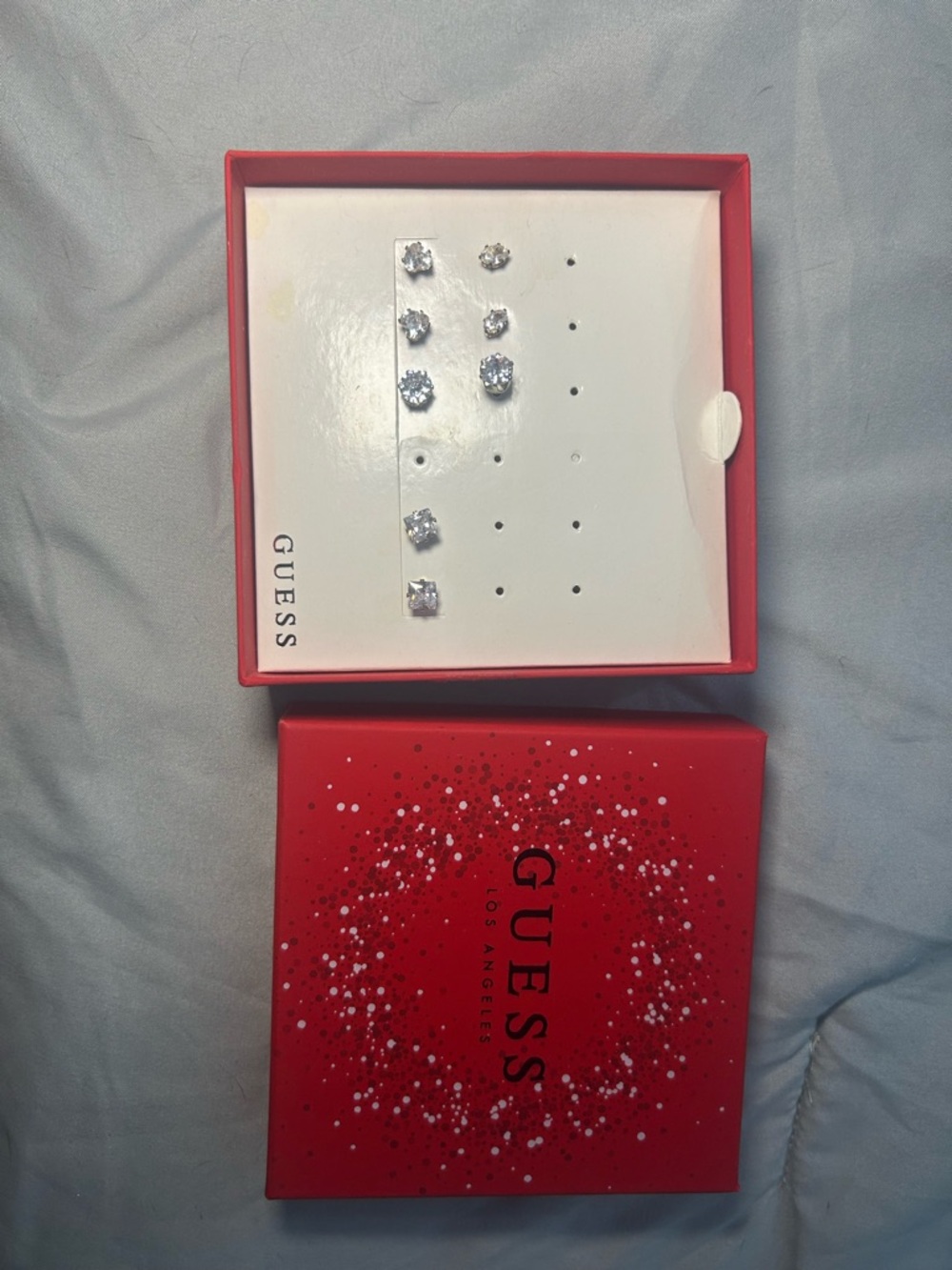 GUESS Silver-Tone Crystal Stud Earring Set with Red Gift Box